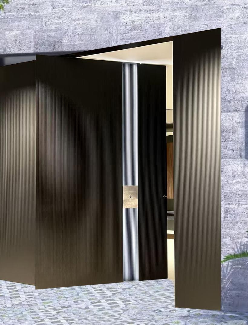 Fluted bronze entrance door, twin pivot