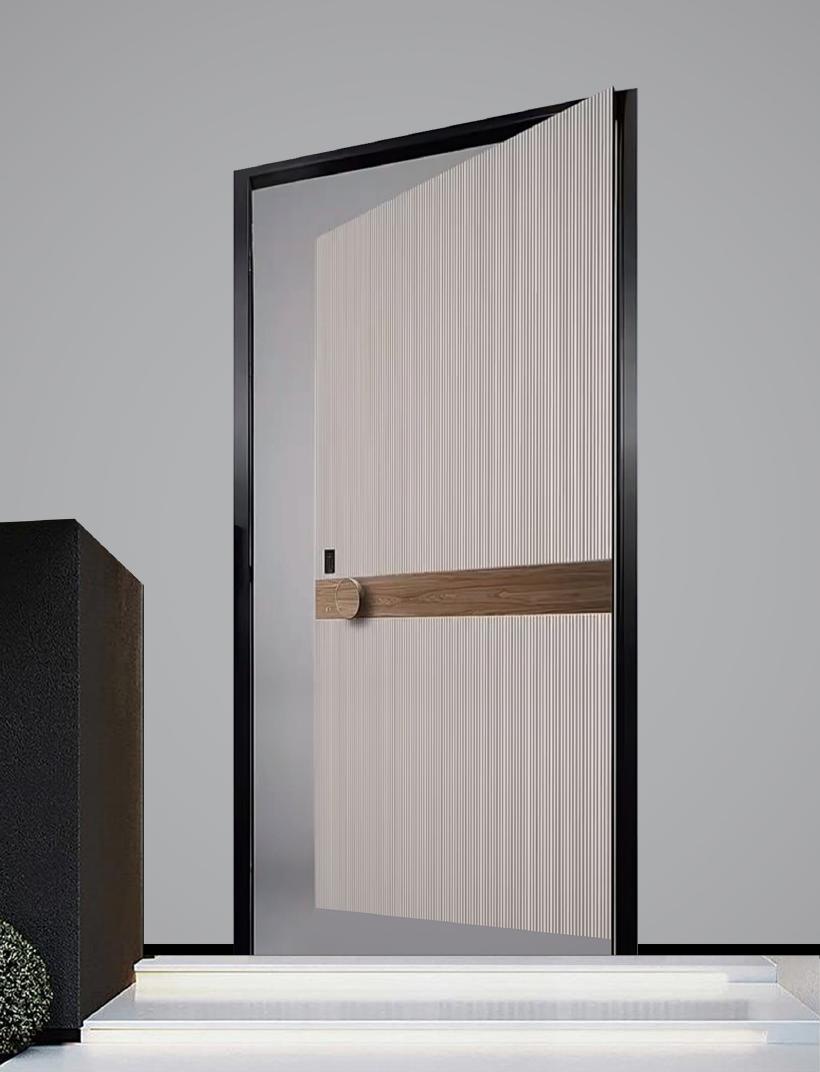 Fluted ivory, walnut band entrance door, pivot