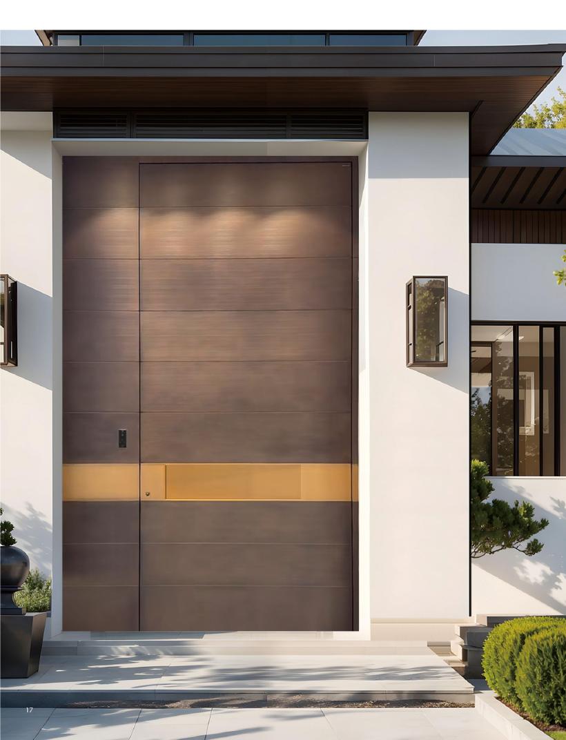 Bronze, gold band entrance door, oversized pivot