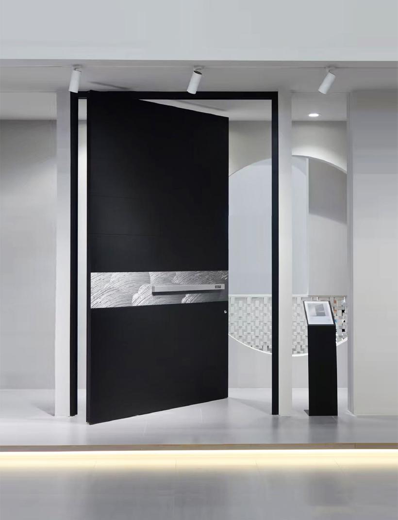 Black, brushed steel band entrance door, pivot