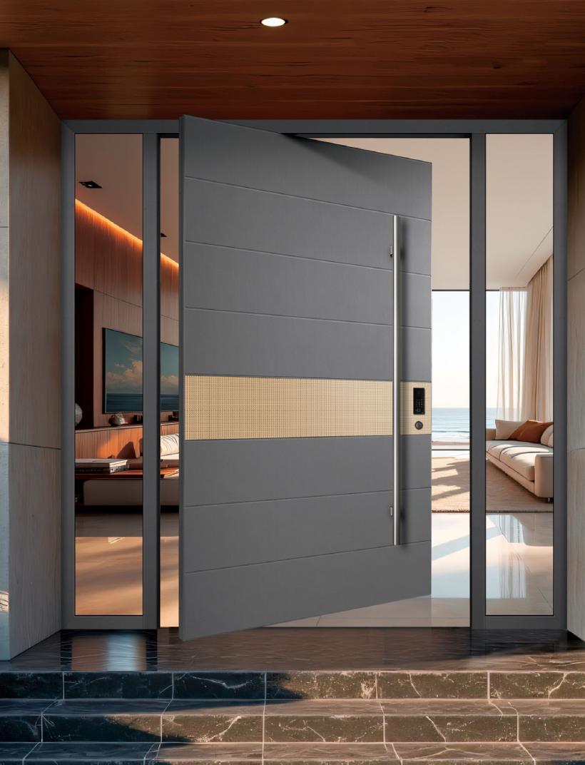 Graphite, woven brass entrance door, pivot